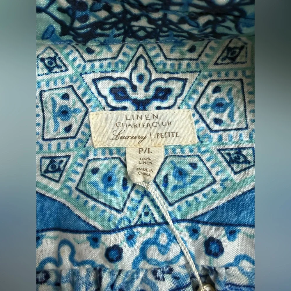 NWT Charter Club Linen Button‎ Down Shirt Long Sleeve Blue Mint Petite Large - Picture 3 of 8